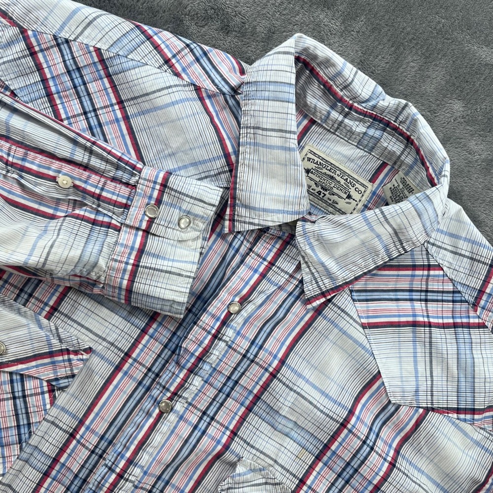 Wrangler Mens XL Western Snap Plaid Shirt White Blue Red‎ Cotton VJBH50481